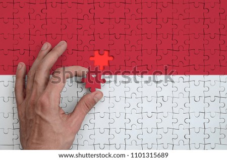 Monaco flag  is depicted on a puzzle, which the man's hand completes to fold
