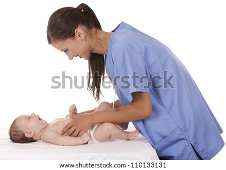 female nurse checking baby on white isolated background