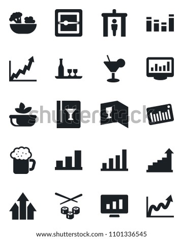 Set of vector isolated black icon - security gate vector, growth statistic, monitor, barcode, equalizer, scanner, statistics, bar graph, alcohol, wine card, cocktail, beer, salad, sushi, arrow up