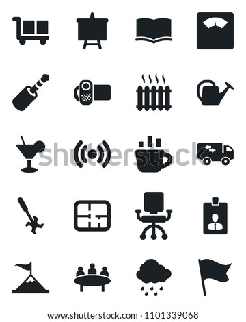 Set of vector isolated black icon - identity card vector, book, presentation board, coffee, meeting, watering can, rain, ripper, scales, cargo, video camera, jack connector, plan, moving, heater