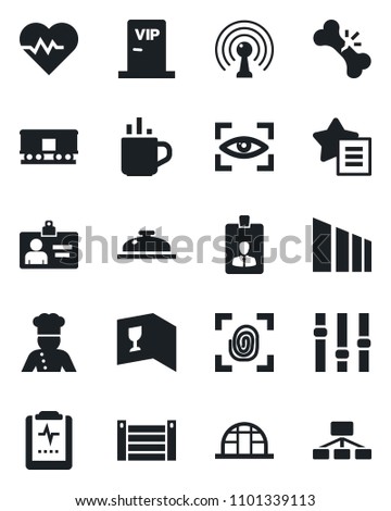 Set of vector isolated black icon - hot cup vector, identity card, greenhouse, heart pulse, broken bone, clipboard, container, sorting, railroad, antenna, settings, favorites list, cook, wine