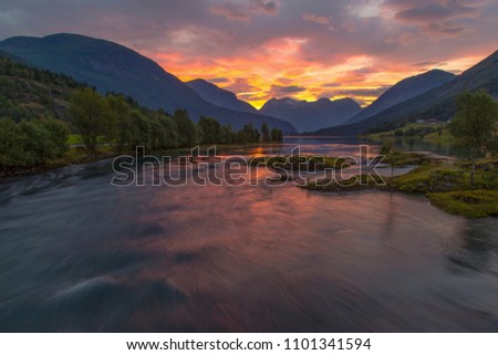long exposure landscape of sunrise at Stryn , North Norway 