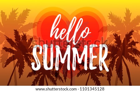 Hello Summer design with palm trees border on gradient ocean background. Place for text. Wallpaper 1080 x 1920 pixels