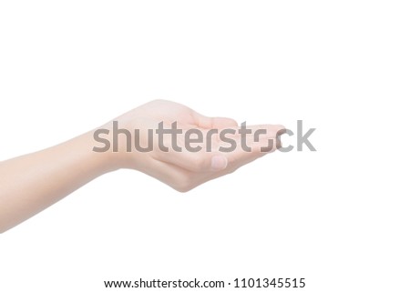 Female hand isolated on white background with clipping path. Hand action for showing something your banner or your product.