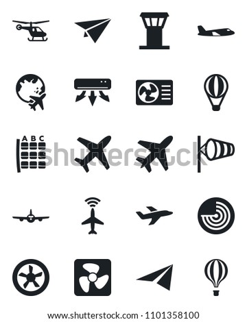 Set of vector isolated black icon - plane vector, airport tower, radar, wind, helicopter, seat map, globe, air conditioner, fan, paper, balloon