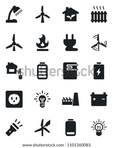 Set of vector isolated black icon - fire vector, battery, low, torch, desk lamp, windmill, heater, factory, home control, eco house, socket, power plug, water, idea