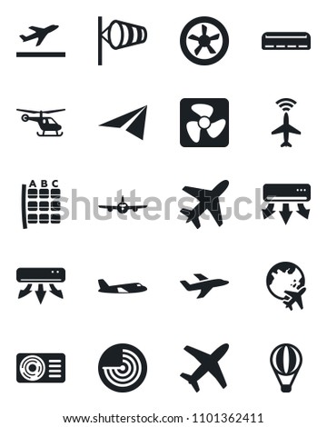 Set of vector isolated black icon - plane vector, radar, departure, wind, helicopter, seat map, globe, air conditioner, fan, paper, balloon