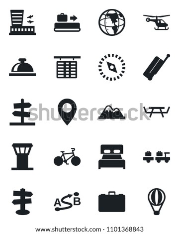 Set of vector isolated black icon - airport tower vector, suitcase, baggage conveyor, reception bell, larry, helicopter, flight table, building, case, picnic, bike, signpost, pin, route, compass