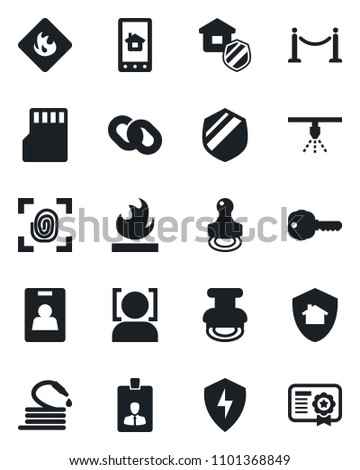 Set of vector isolated black icon - fence vector, identity card, hose, shield, flammable, chain, protect, sd, face id, stamp, key, estate insurance, fingerprint, home control app, sprinkler