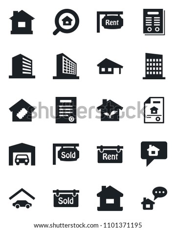 Set of vector isolated black icon - office building vector, house, contract, with garage, estate document, rent, sold signboard, search, smart home, city, eco, message