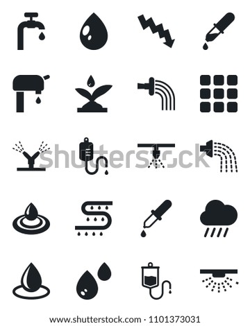 Set of vector isolated black icon - crisis graph vector, watering, water drop, rain, drip irrigation, dropper, menu, supply, sprinkler