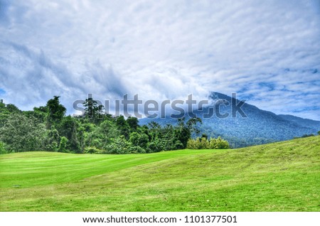 High dynamic range of green field in front of forest and mountain with cloudy sky.