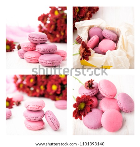 Set of french macaroons on wooden table. Sweet pink and violet macaron cakes and a red chrysanthemum flowers. Photo collage