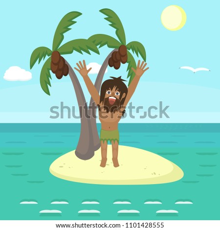 man on uninhabited island shouting, funny cartoon vector illustration wild character