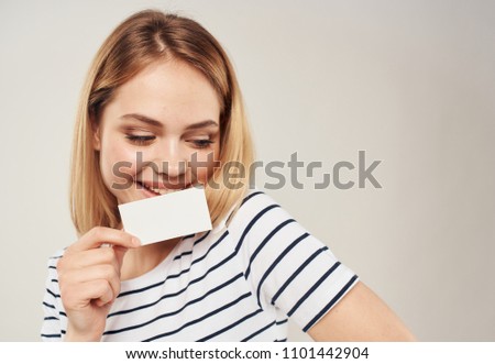  woman young holds business cards white seat free                              