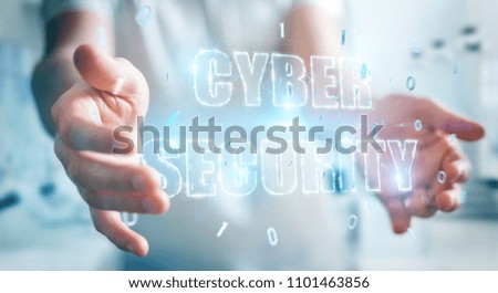 Businessman on blurred background using cyber security text hologram 3D rendering