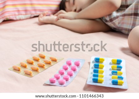Close up various Drug pictures and treatment for sick children With relaxation to restore health. with Space for text.