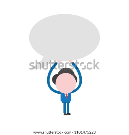 Vector illustration businessman character holding up blank speech bubble icon.