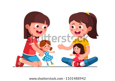 Smiling girls kids playing with dolls. Happy, kids playing together. Child cartoon characters with cute dolls. Childhood and preschool development. Flat vector illustration isolated on white Royalty-Free Stock Photo #1101488942