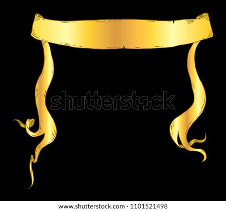 Vintage hand drawn golden ribbon banner over black.