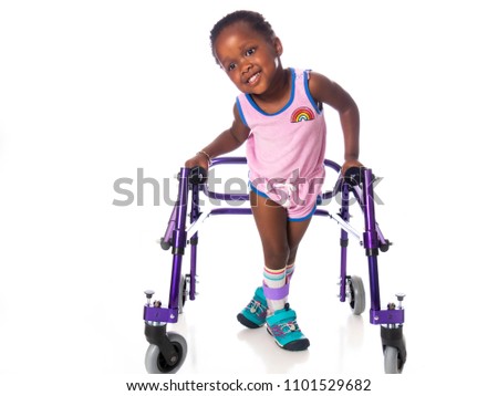Young girl with cerebral palsy on white background Royalty-Free Stock Photo #1101529682