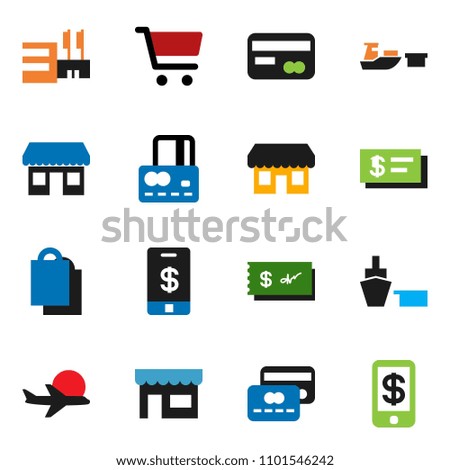 solid vector ixon set - cart vector, credit card, office, plane, port, shopping bag, store, mall, check, tap pay