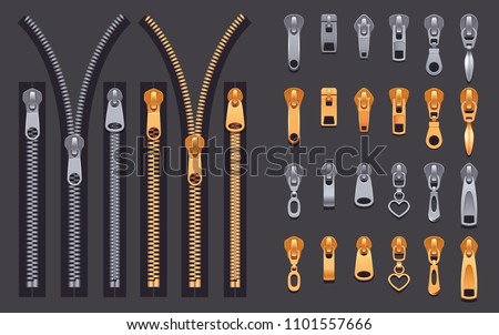 Set of gold and silver metallic closed and open zippers and pullers realistic set isolated on black background vector illustration Royalty-Free Stock Photo #1101557666