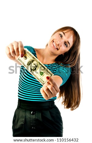 woman with dollars isolated on a white background