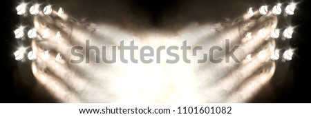 Stage lights and fog or misty in the dark. Musical background. Set of lights. Concept of live music and concerts.