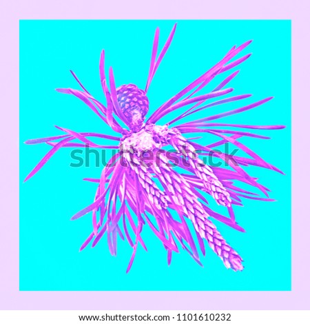Holographic neon fir tree branch on green background. Minimal pop art style.