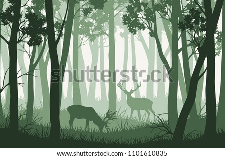 Vector green forest landscape with trees and two deers