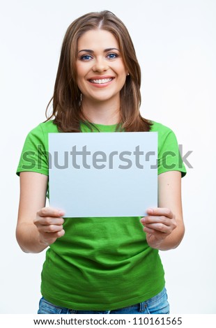 Young casual woman style isolated over white background hold  sign card.