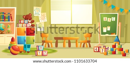 Vector cartoon illustration of empty kindergarten room with furniture and toys for young children. Nursery school for learning kids, modern interior of playroom for fun and playing games Royalty-Free Stock Photo #1101633704