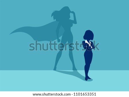 Vector of a strong business woman with a shadow imagining to be a super hero looking aspired.   Royalty-Free Stock Photo #1101653351