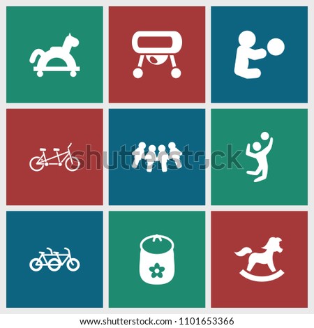 Children icon. collection of 9 children filled icons such as baby toy, toy horse, baby playing with toy, family bicycle. editable children icons for web and mobile.
