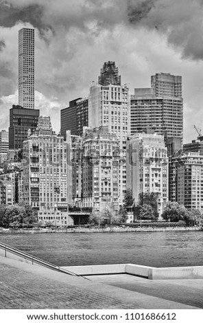 Black and white picture of New York City seen from the Roosevelt Island, USA.