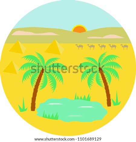 Cartoon nature landscape with two palms, oasis and  caravan of camels in the desert in circle. Vector illustration