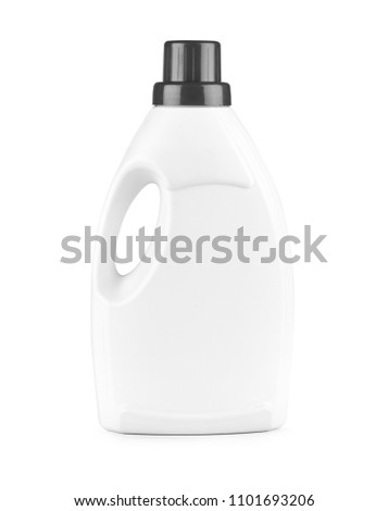 White plastic bottle for liquid laundry detergent, cleaning agent, bleach or fabric softener. Package mockup.