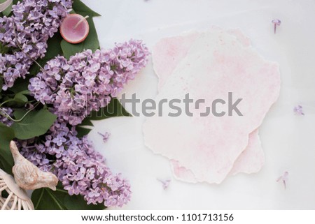 mockup card with plants. invitation card with environment and details Mockup with postcard and flowers on white background. card and lilac. ink pen, ink, stamp pink flowers with copy space