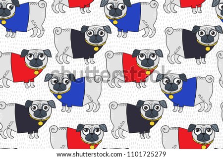 Vector seamless pattern of pug wearing t-shirt. Seamless pattern of hand draw colorful pugs on the background with grass. Pattern illustration with cute dog for kids. Pattern with pug for fabric
