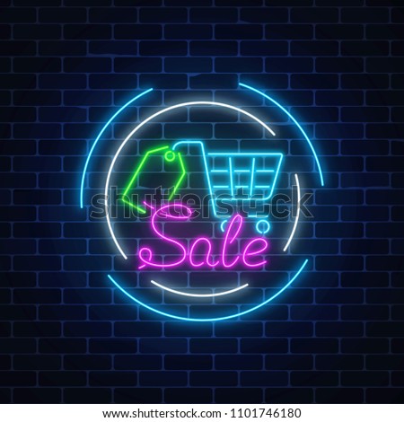 Glowing neon sale sign with supermarket shopping cart and tag on a dark brick wall background. Luminous advertising signboard. Neon light effects store basket. Vector illustration.