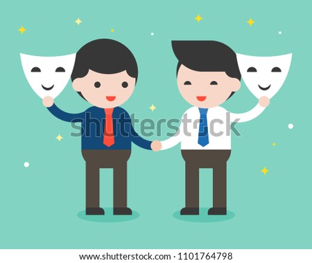 Two businessman shake hand and open mask, sincere business people concept, flat design