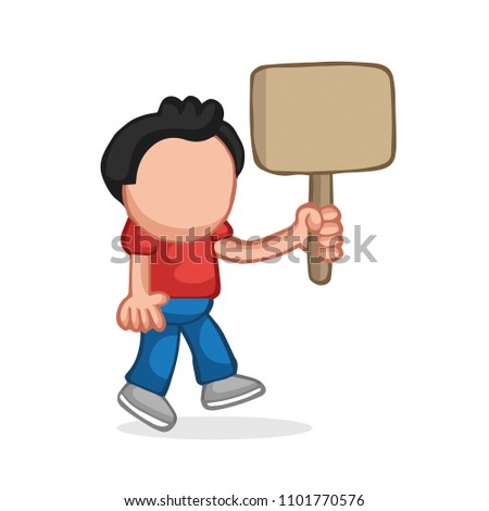 Vector hand-drawn cartoon illustration of man walking holding blank placard.