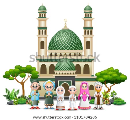 Happy Islamic kids cartoon playing in front of a mosque