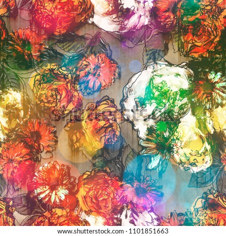 art vintage blurred colorful blue, red,  white and black watercolor and graphic floral seamless pattern with peonies, gerbera, grasses and leaves on white background. Double Exposure and Bokeh effect