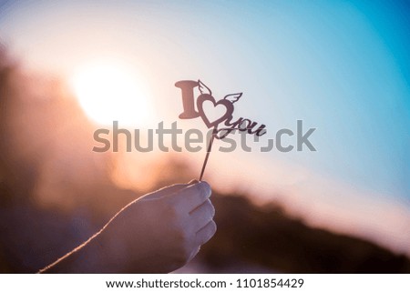 Girl holding the inscription I love you, on the sunset background 