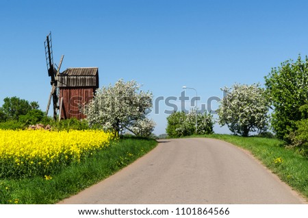 Country road by an old windmill in a colorful spring season landscape at the swedish island Oland