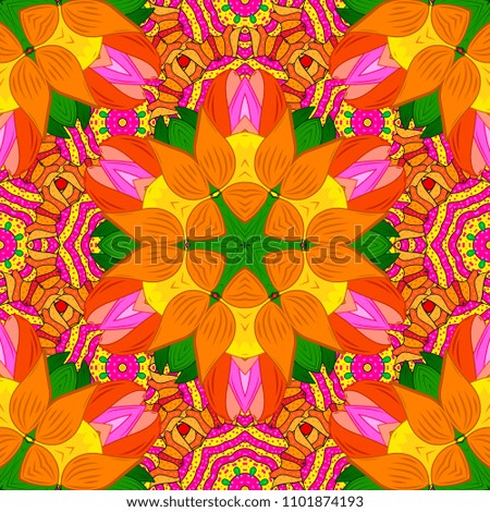 Pattern with spring flowers with branch, on white, green and blue colors with flower silhouette. Vector pattern.
