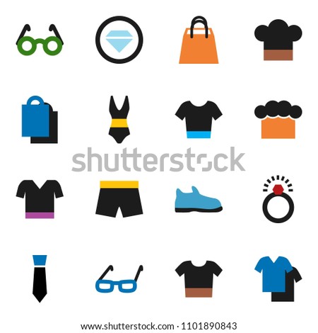 solid vector ixon set - cook hat vector, glasses, tie, snickers, shorts, swimsuite, t shirt, shopping bag, diamond ring, clothes