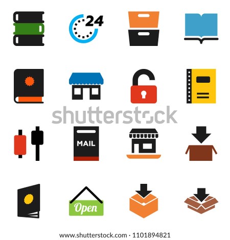 solid vector ixon set - book vector, copybook, archive, japanese candle, office, package, mailbox, unlock, open, 24 hour, catalog